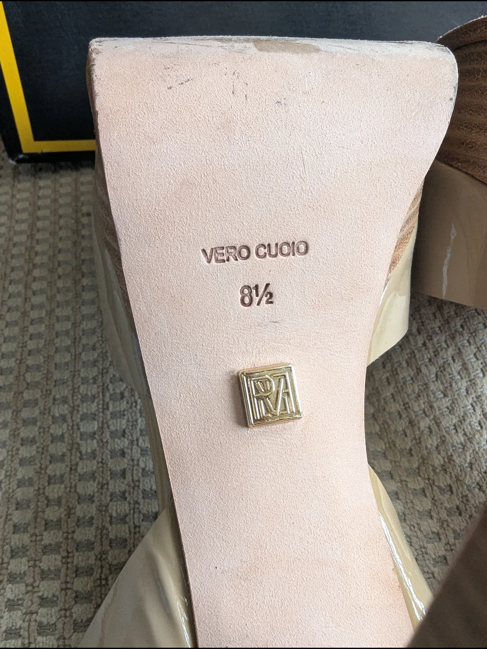 Pour La Victoire Beige Patent Platform Sandal with Ankle Strap